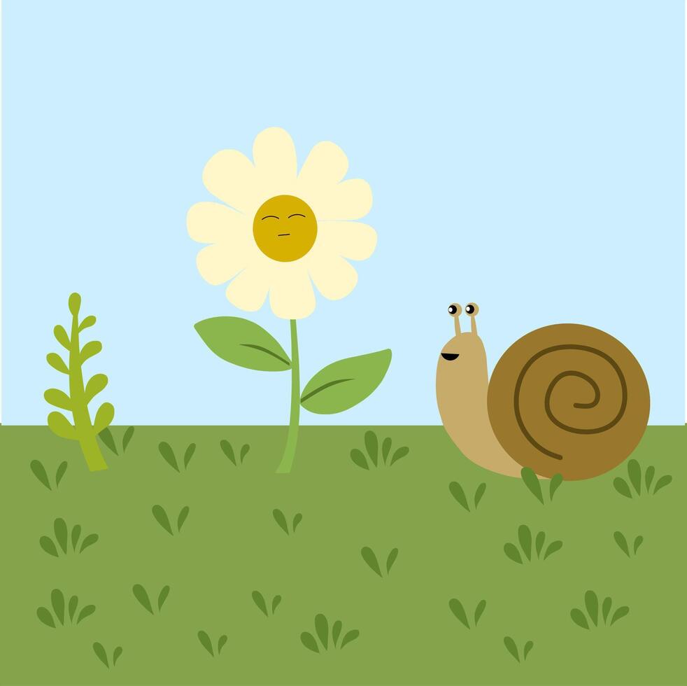 Snail and flower cartoon illustration vector