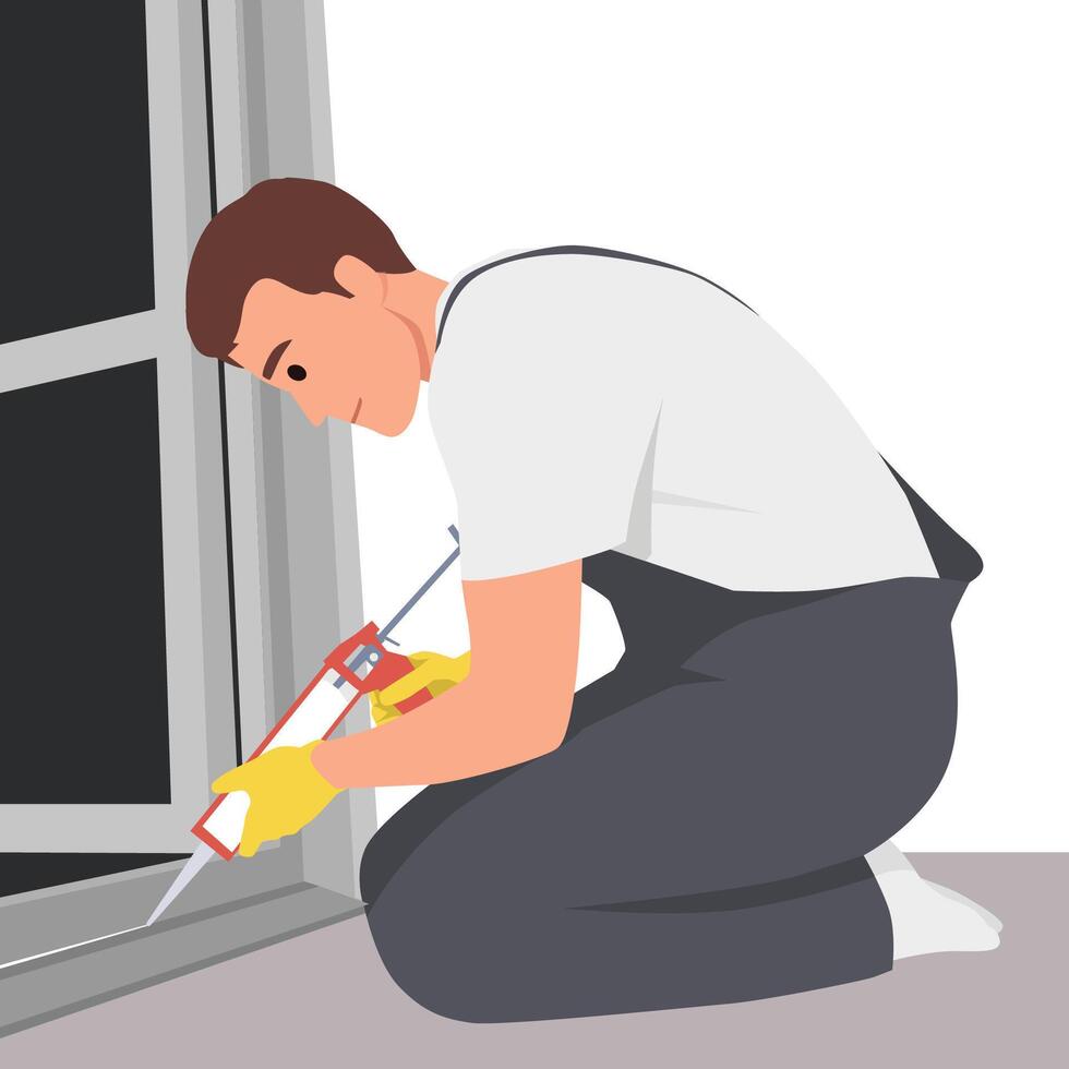 Man is kneeling while applying caulk along a window frame to ensure proper insulation. Caulking Gun. vector