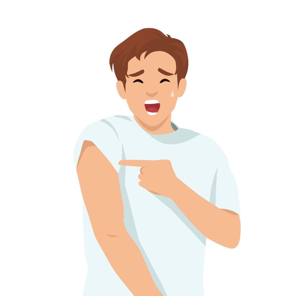 Man with a worried expression points at his upper arm, preparing for an injection. vector