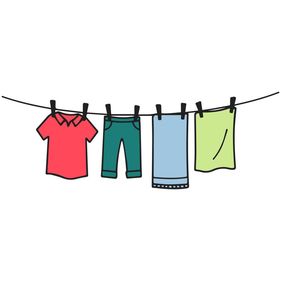 Colorful Laundry Drying on Clothesline with Clothespins vector