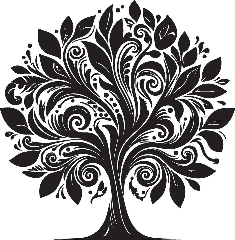 Black and white floral tree, black and white tree silhouette vector