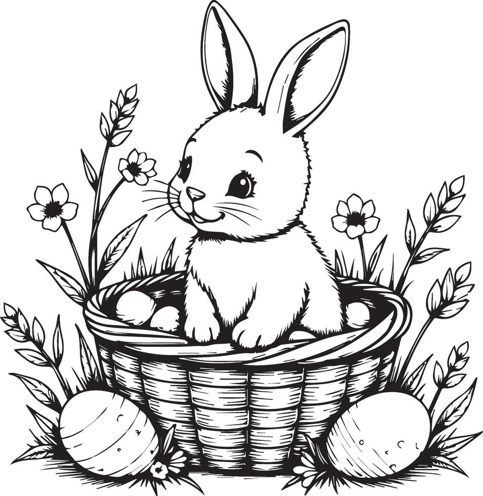 Cute Easter Rabbit Coloring Page with Spring Flowers and Basket vector