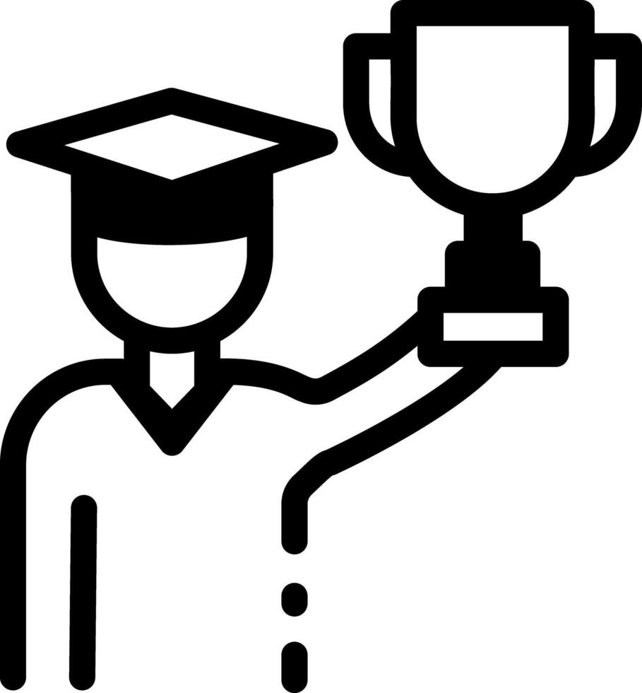 A graduate student holding trophy in hand, line icon vector
