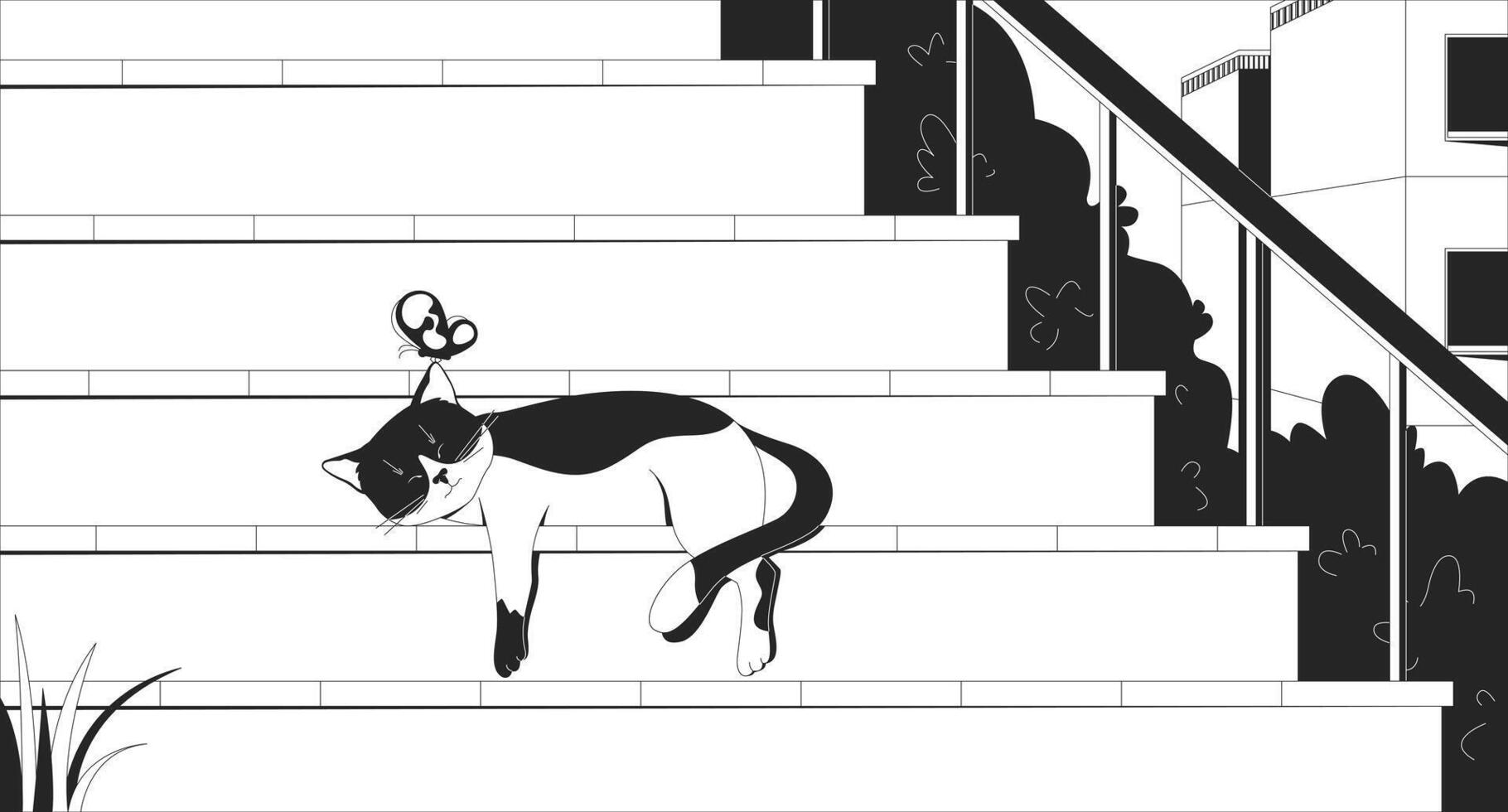 Sleeping tuxedo cat on outdoor steps with butterfly lofi illustration outline. Cute black and white kitty napping in urban summer 2D ink linear flat lo fi drawing. Line art aesthetic wallpaper vector
