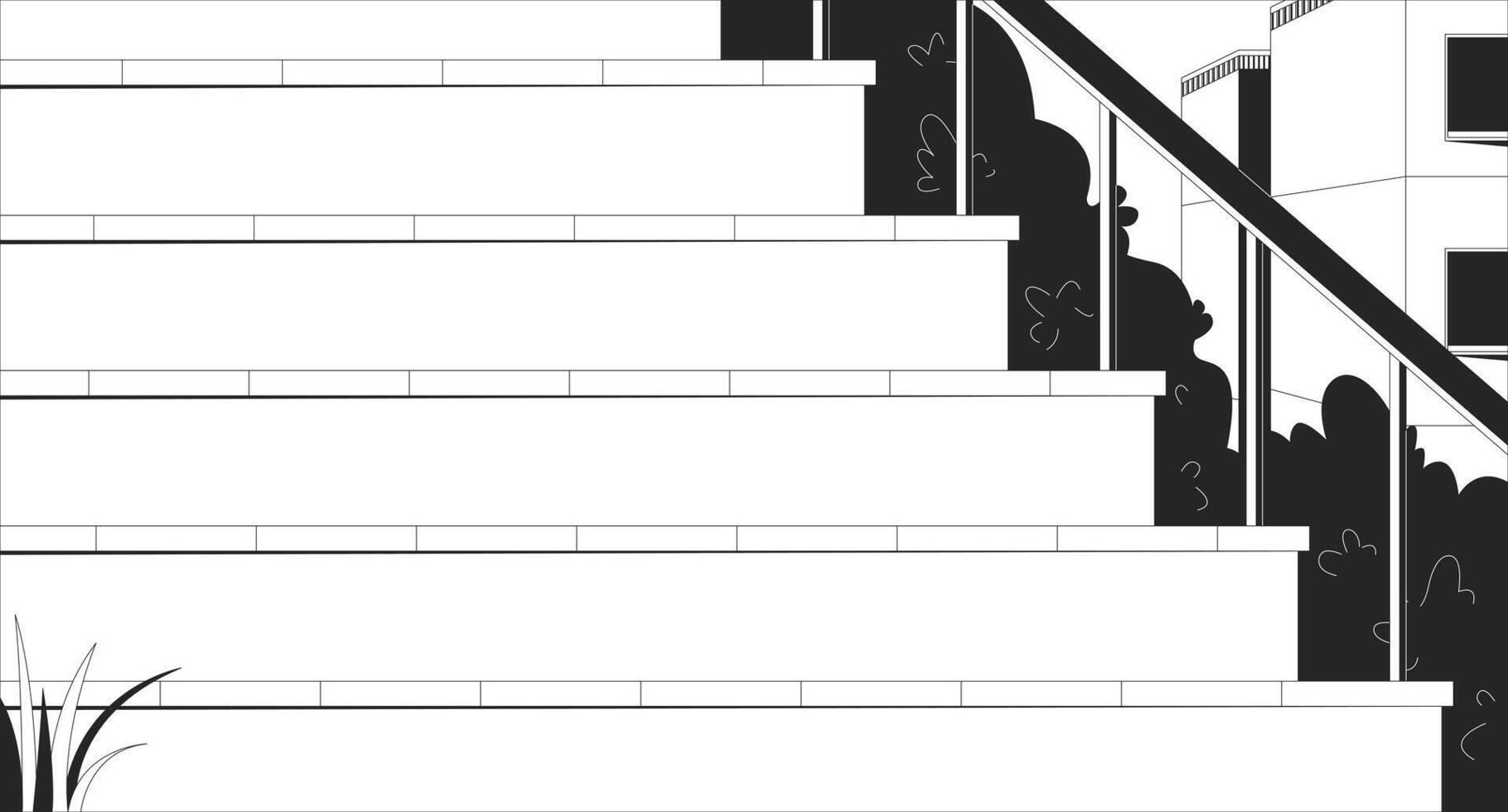 Outdoor steps bordered by bushes and distant buildings line illustration backdrop. Urban staircase greenery. City plants residential stairs 2D ink outline monochrome background. Lineart vector