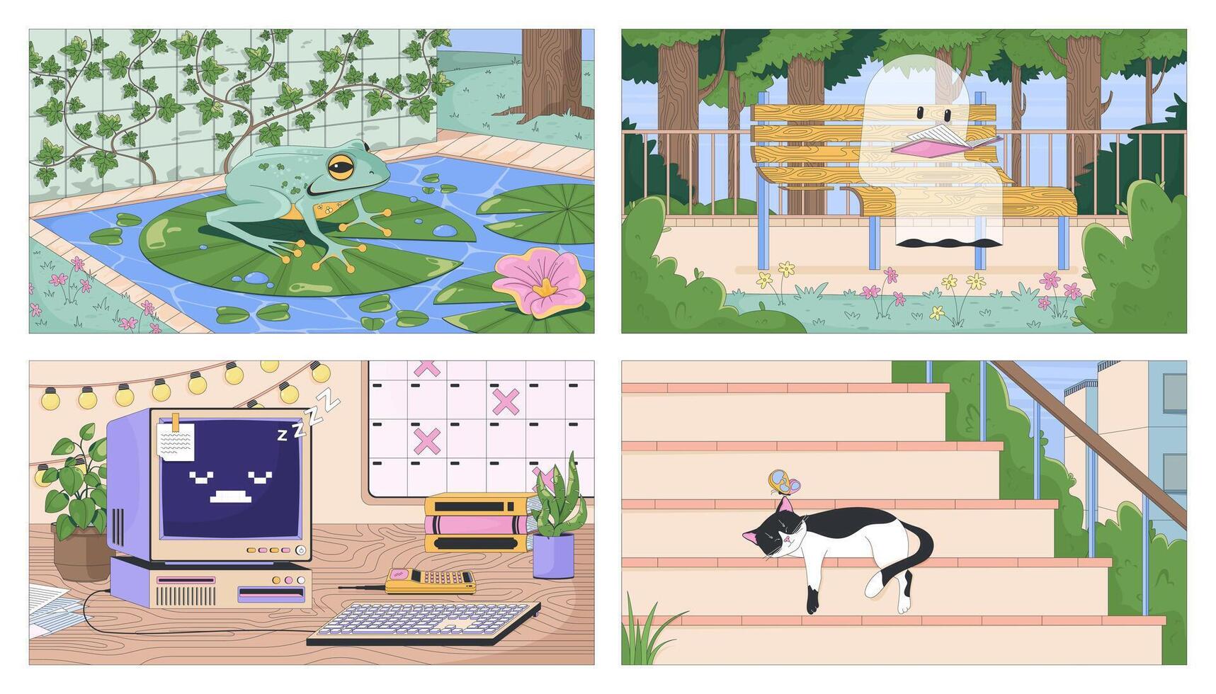 Peaceful and nostalgic lofi wallpapers set. Frog in pond, ghost reading, retro computer, cat napping 2D cartoon flat illustrations. Art images lo fi aesthetic color backgrounds collection vector