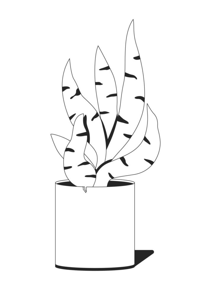 Leafy snake plant in ceramic pot 2D line object. Dracaena trifasciata houseplant potted. Cozy flowerpot. Household succulent isolated clipart ink outline item. Monochrome spot illustration vector