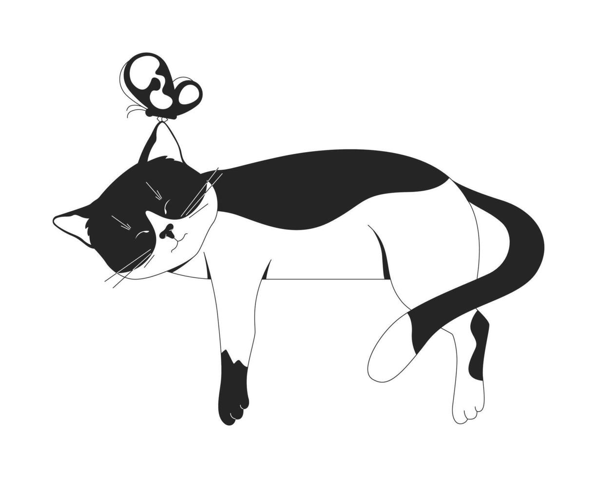 Sleeping black and white cat with butterfly 2D line character. Lo-fi peaceful feline resting. Relaxed kitten. Cute kitty nap time isolated ink outline animal. Monochromatic spot illustration vector