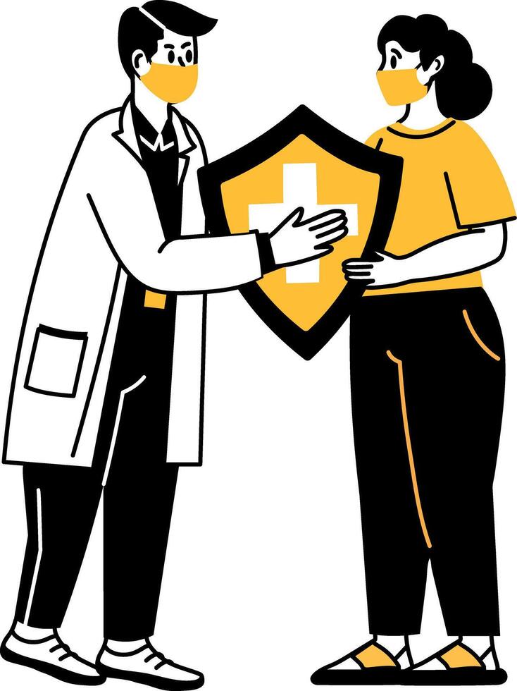 Two characters holding a protection shield depicting medical insurance, drawing illustration vector