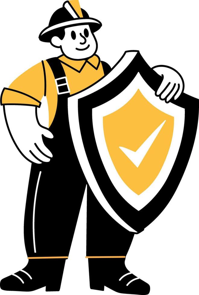 A character holding a protection shield depicting worker insurance, flat illustration vector