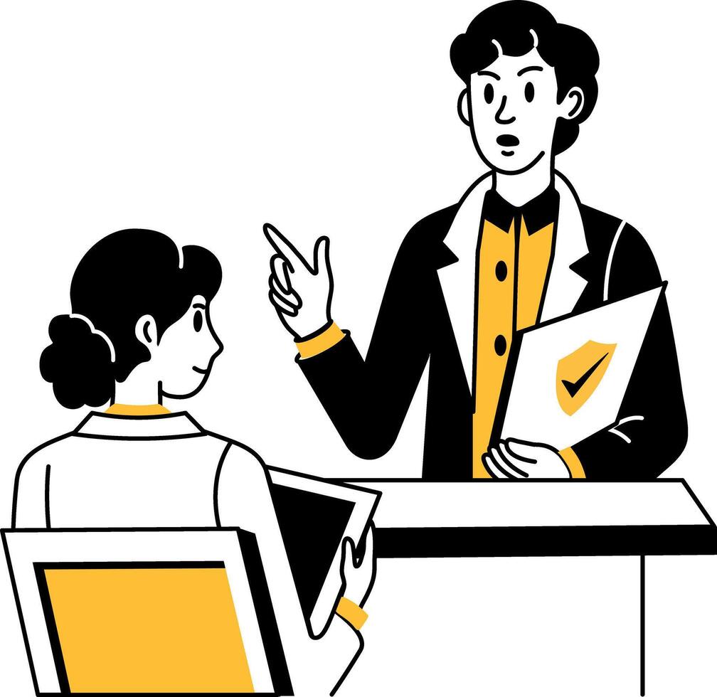 Insurance agent talking to a customer, hand drawn illustration vector