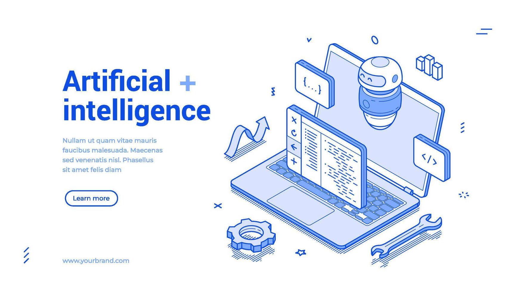 Artificial intelligence Chat GPT robotic technology isometric web banner monochrome vector