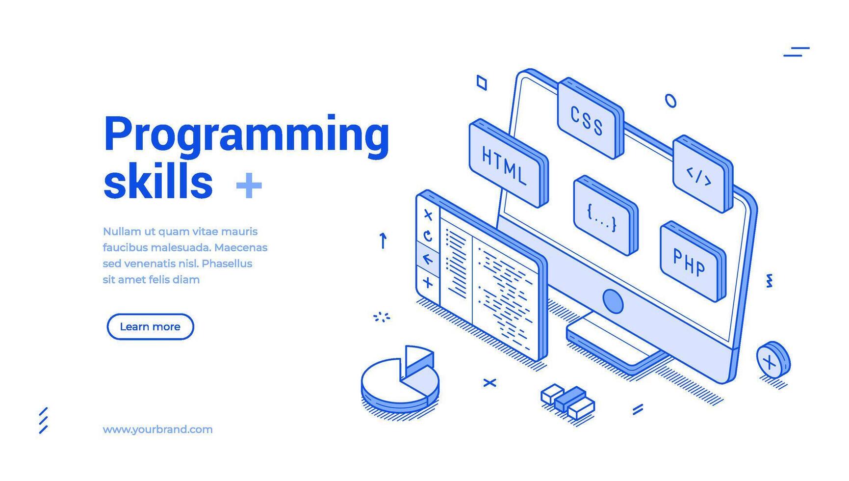Programming skills computer software development isometric web banner monochrome vector