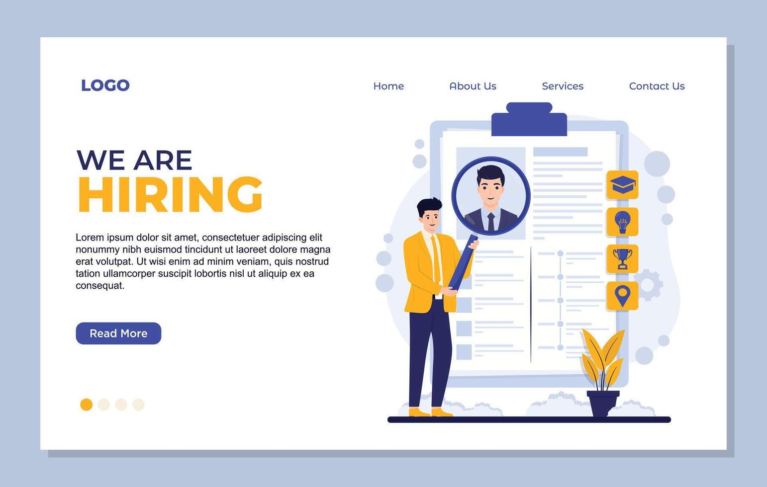 We are hiring flat landing page template. Recruitment agency, job interview concept. Human resource management, recruitment agency, employment agency, employment program. vector