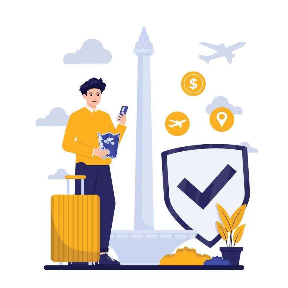 Travel insurance illustration in flat style. Man with suitcase, passport and check mark. Travel concept. vector