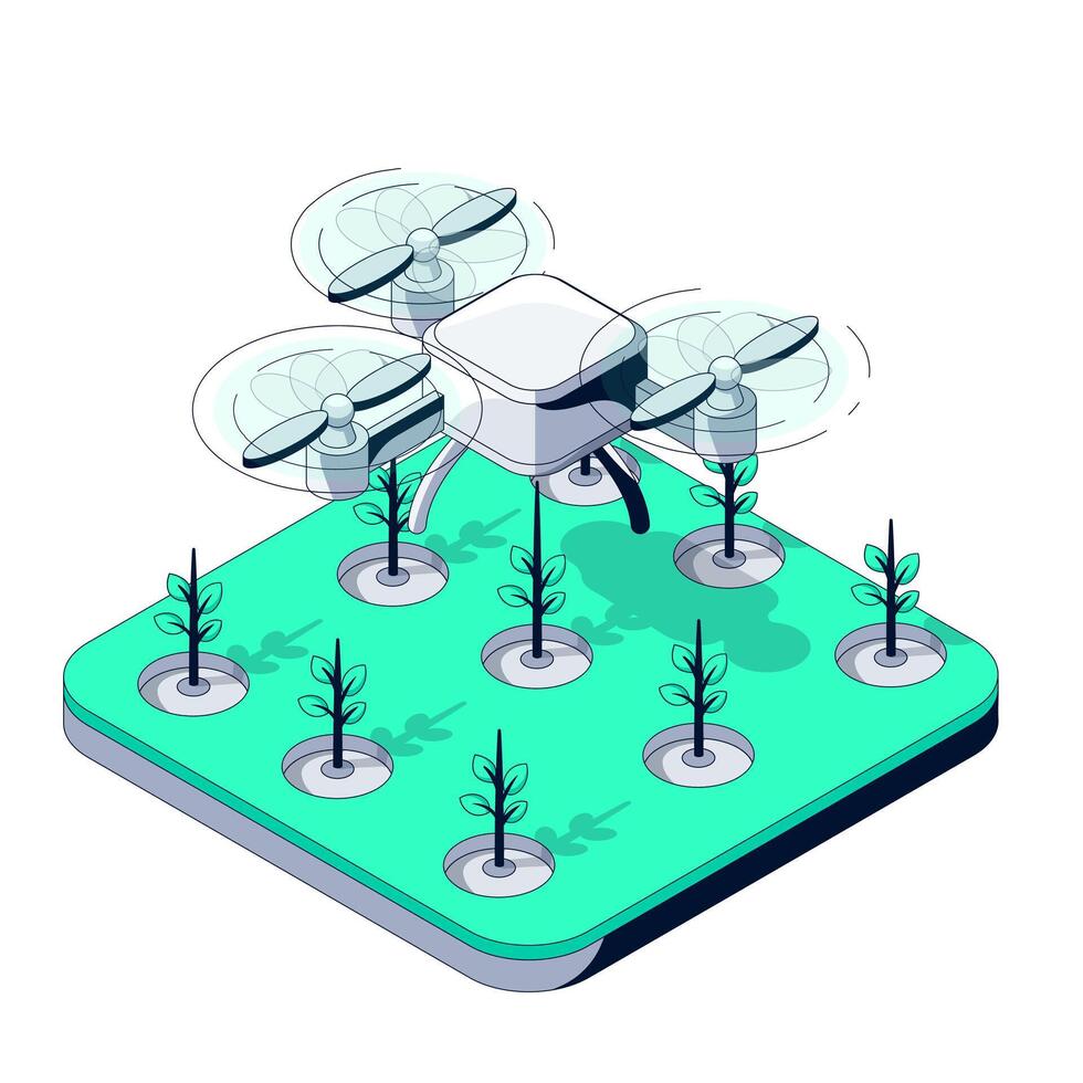 Ecological Drone Planting a Tree. Smart Eco Drone for Precision Tree Planting. Flying Robot with Artificial Intelligence in sustainable Reforestation. Green farming in action. Isometric illustration vector