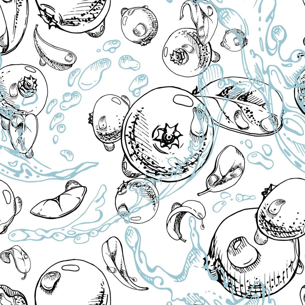 Cranberry lingonberry flying in water splash with green leaves and dew drops, ripe summer forest berry. Isolated seamless pattern hand drawn in ink. Textile paper, dessert menu, farmers market vector