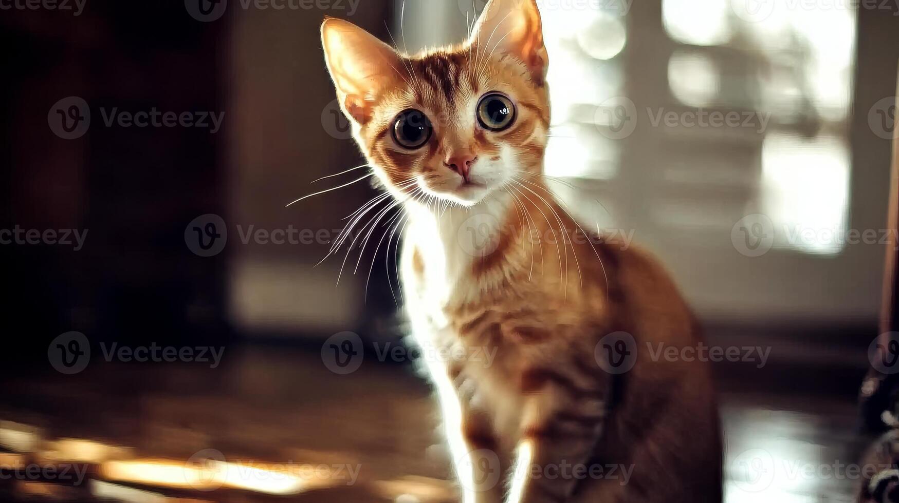 Curious ginger cat exploring a sunlit room in a cozy home environment photo