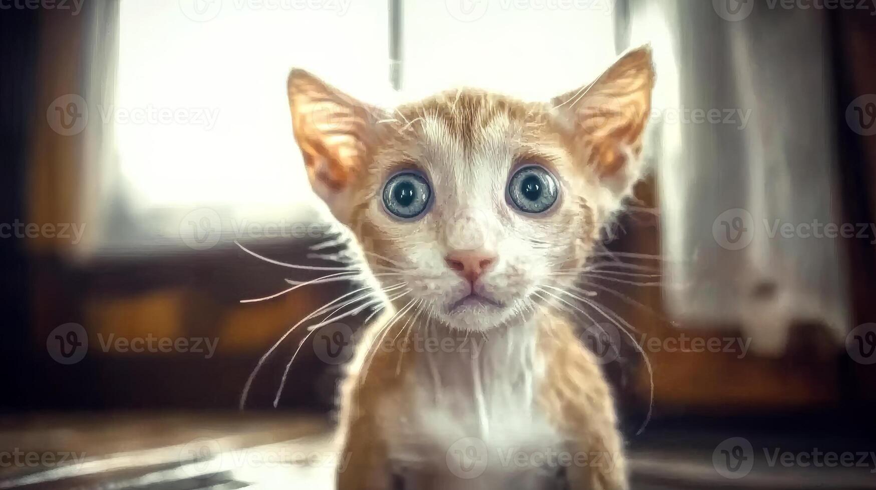 Curious kitten exploring a cozy room with sunlight streaming through the window photo