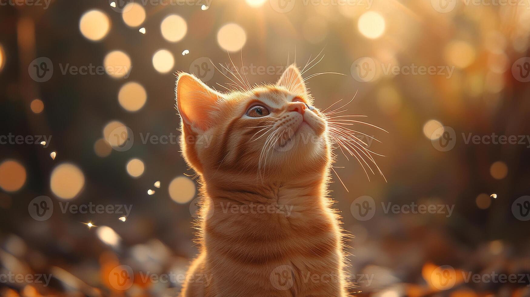 Curious orange tabby cat gazing upwards in a sunlit autumn forest setting photo