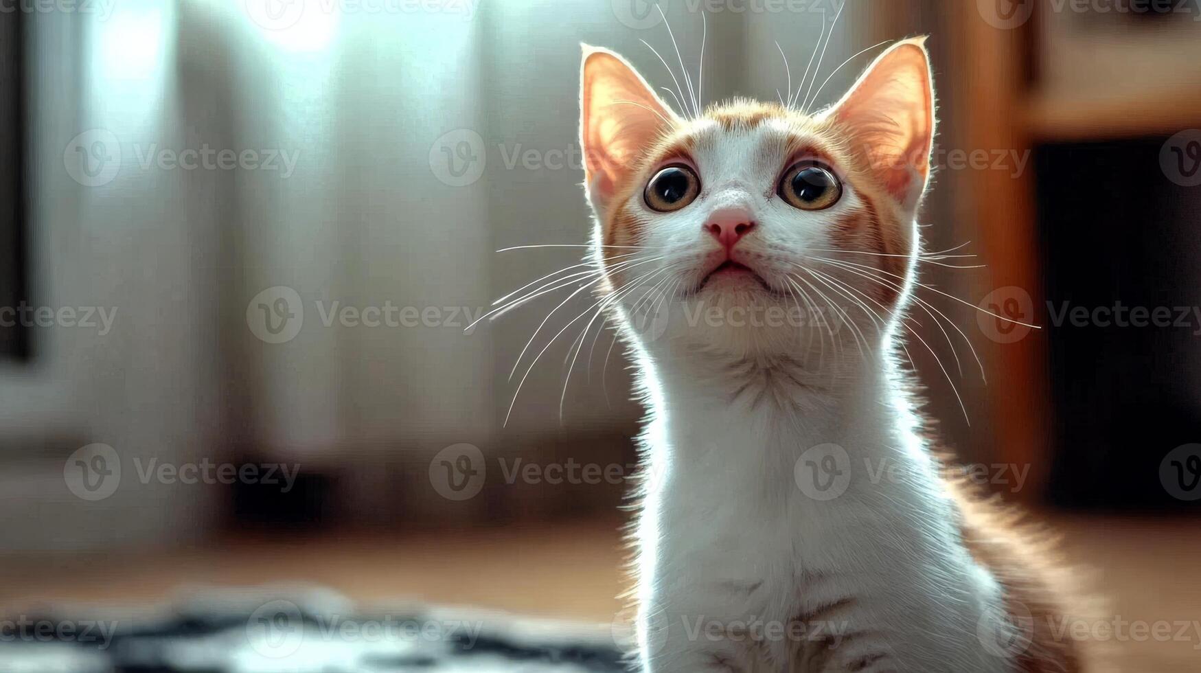Curious kitten gazes in wonder during a sunny afternoon in a cozy indoor space photo