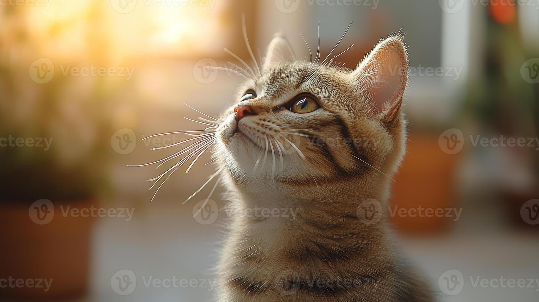 A curious kitten gazes upward in warm, natural light on a sunny afternoon indoors photo