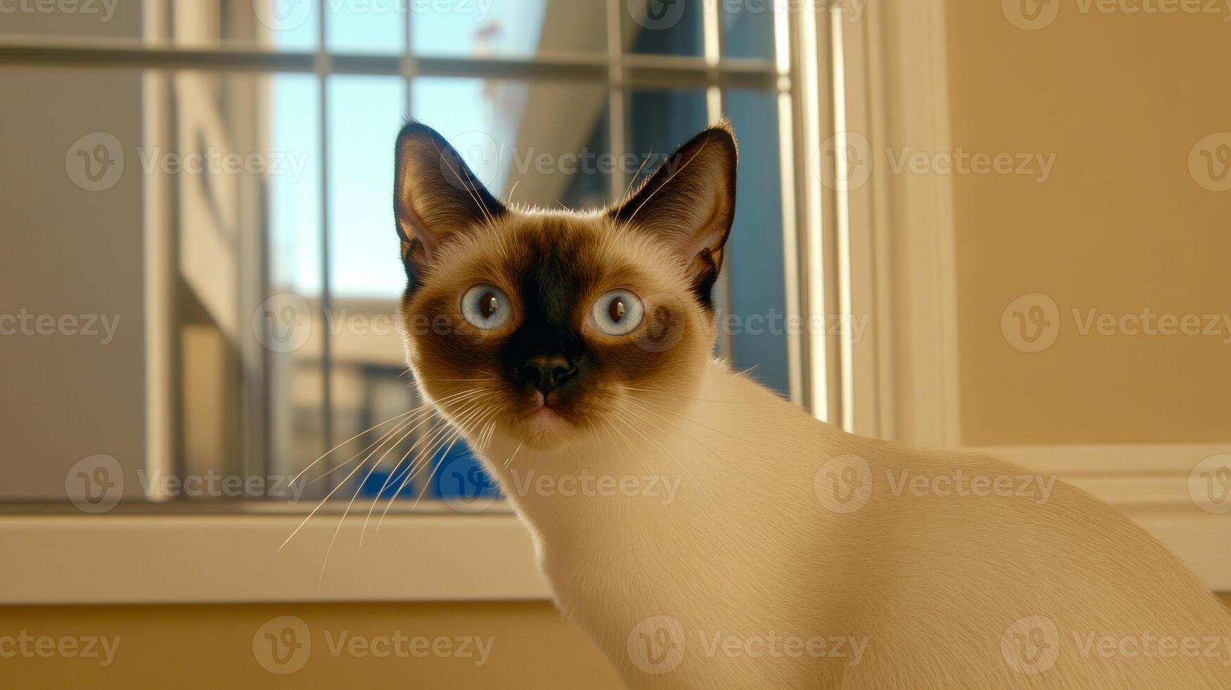 Siamese cat looking curiously out of a sunlit window in a cozy indoor setting photo