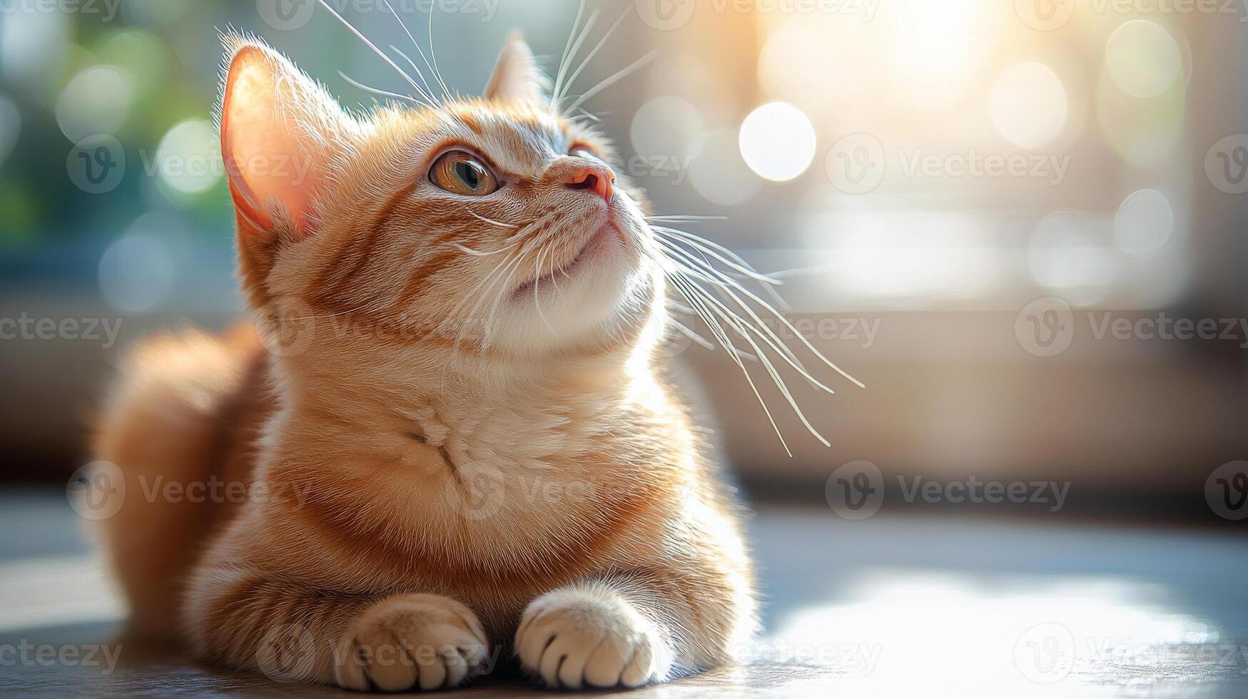 Playful ginger cat lounging indoors, soaking up warm sunlight in a cozy setting photo