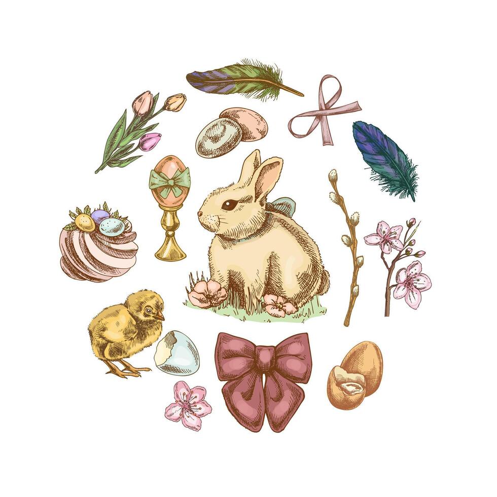 Hand drawn colored Easter illustration with bunny, chick, eggs, flowers, and festive elements in vintage sketch style vector
