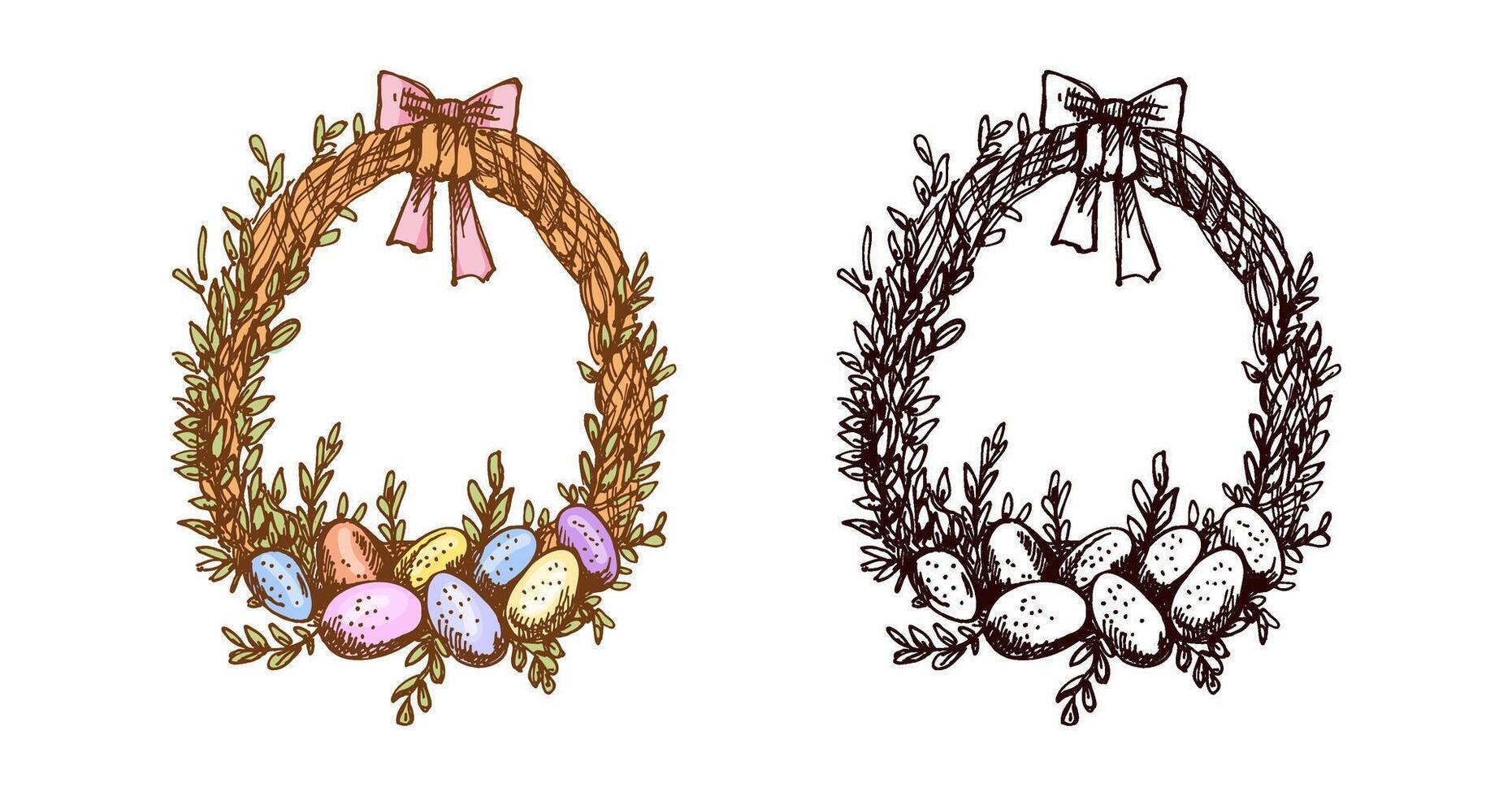 Hand drawn vintage colored and black sketch of an Easter wreath with eggs and bow vector