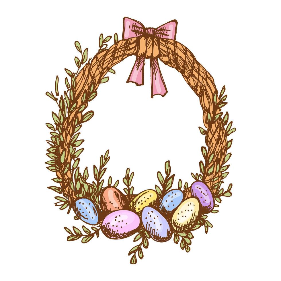 Hand drawn vintage colored sketch of an Easter wreath with eggs and bow vector