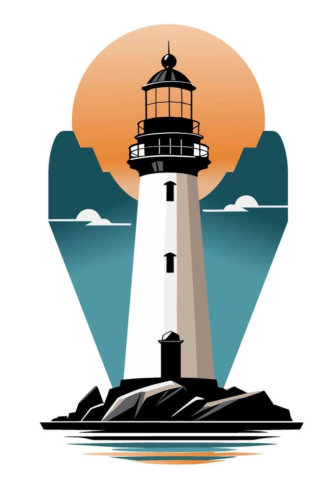 Illustration of a lighthouse at sunset, on the rocks and reflection in the water. There is the sky with clouds and a big sun with a pinch of art deco style. vector