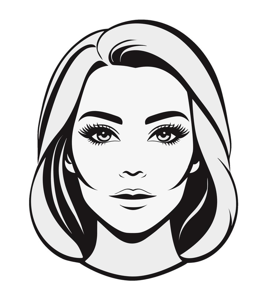 Woman's face with shoulder length hair parted and swept on the side. Look in the style of 1970s. vector