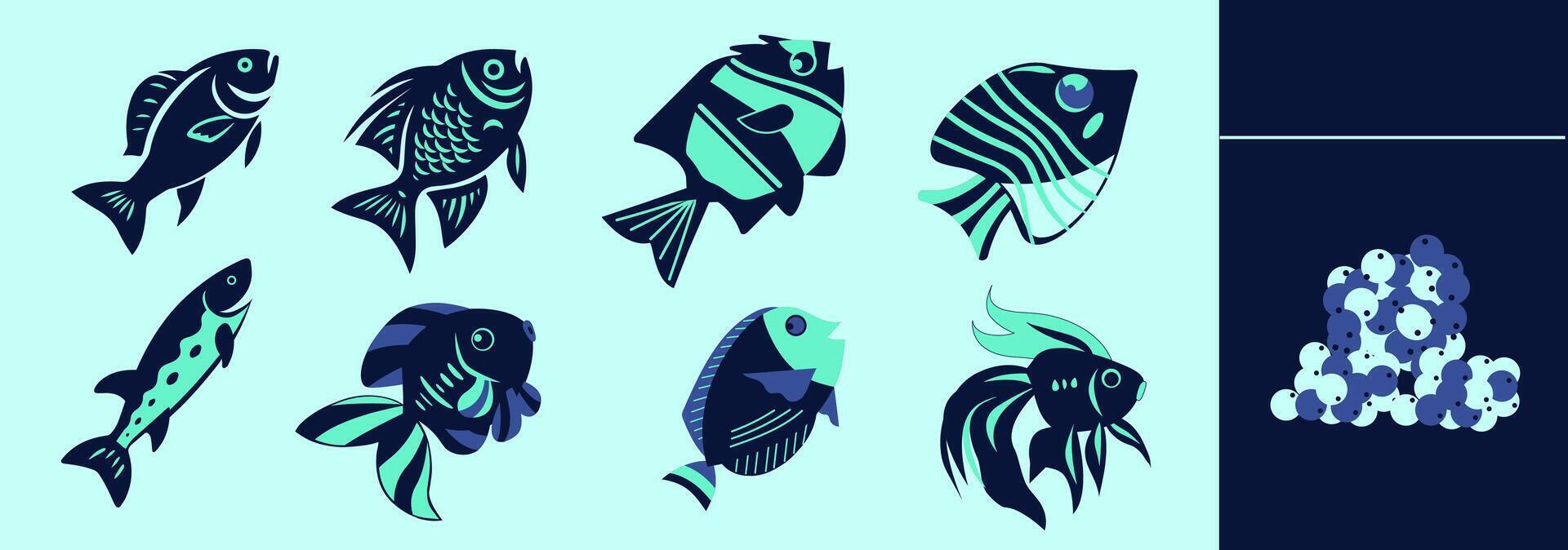 Underwater fish collection with salmon, goldfish, carp, discus, regal blue tang, fish roe. Editable icon elements, size and color. vector