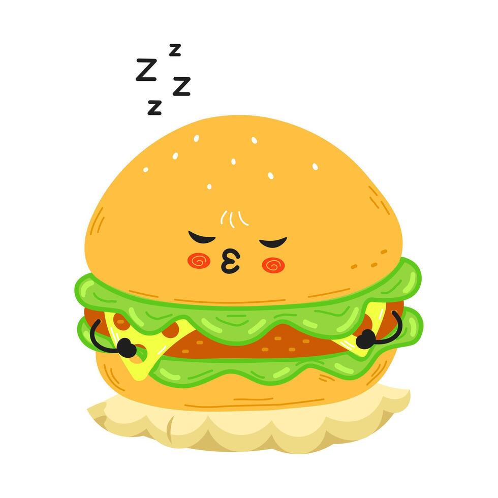 A cute and funny Burger character is shown sleeping peacefully with adorable zzz s above. vector