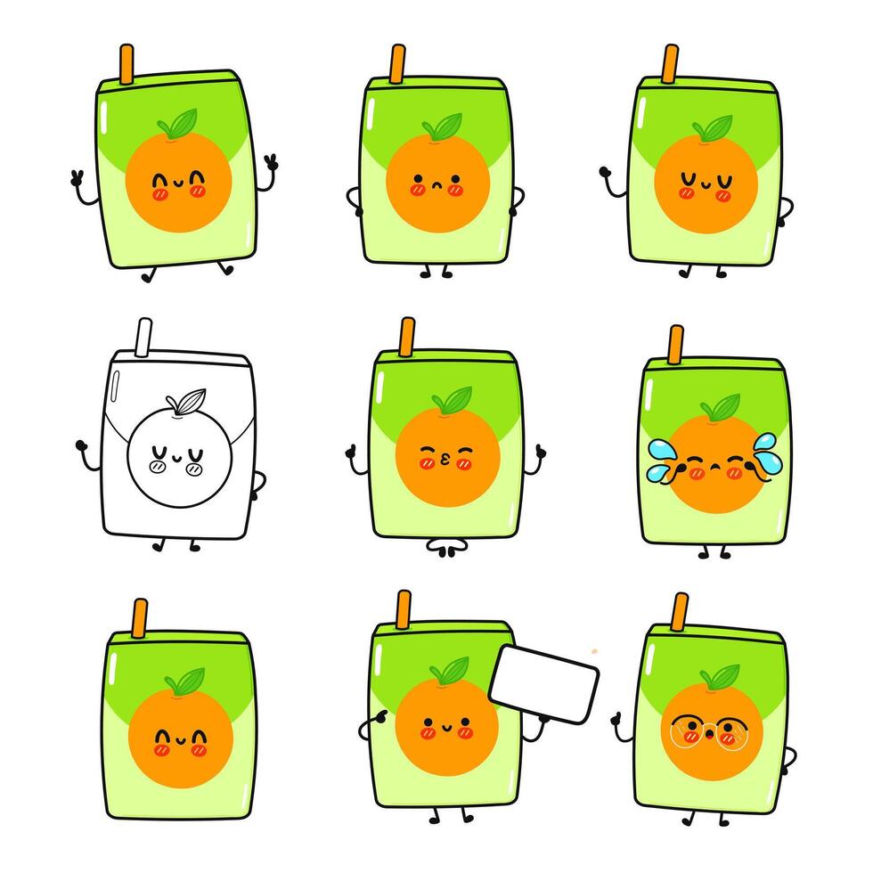 A collection of cute, expressive orange juice boxes in a playful and cheerful illustration. vector