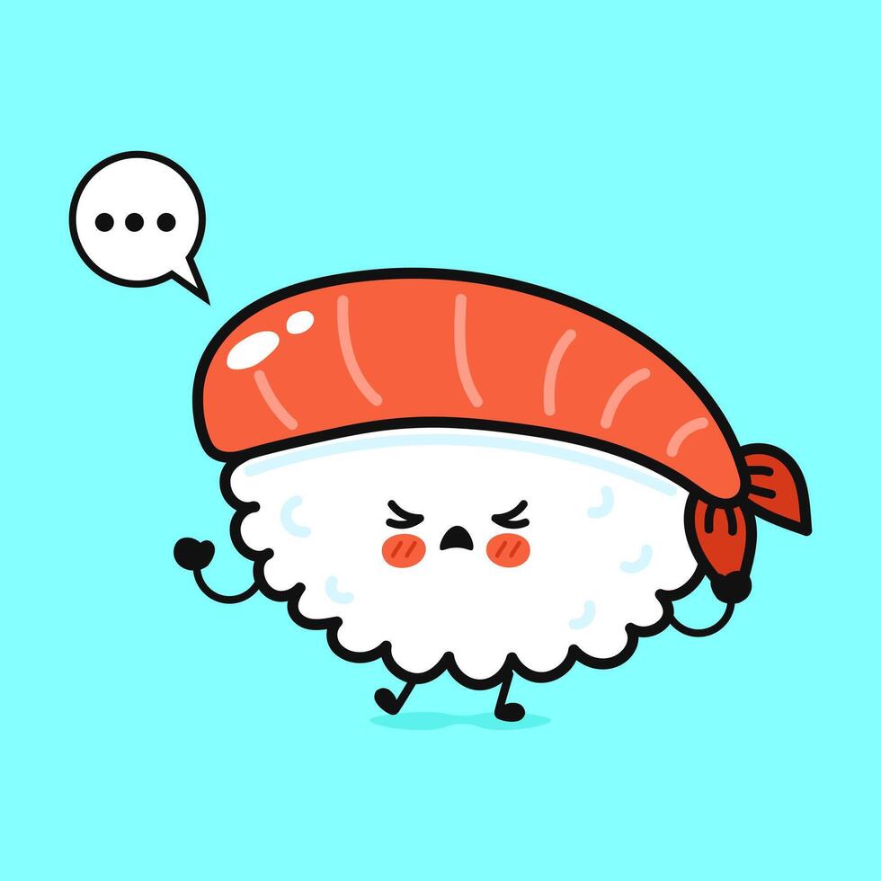 A cute, anthropomorphic sushi character with a speech bubble and a grumpy expression. vector