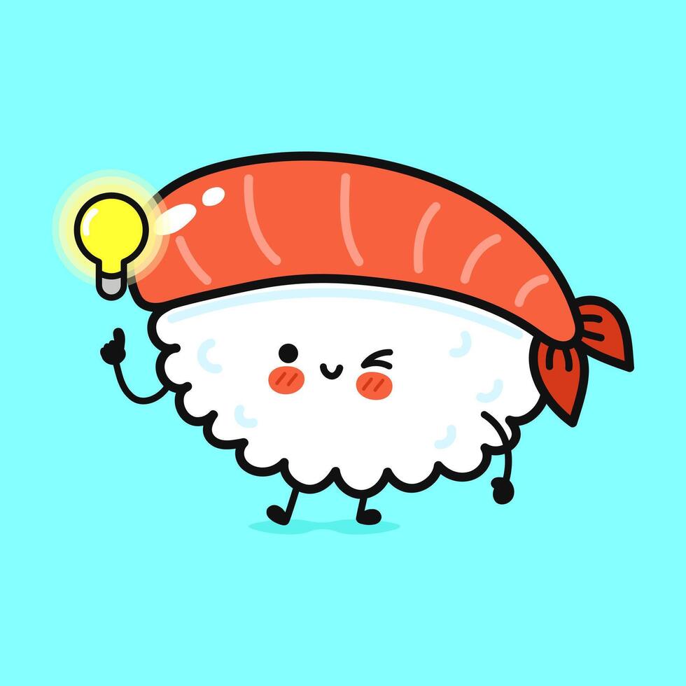 A cheerful sushi character with a lightbulb above its head, conveying a brilliant idea with a wink. vector