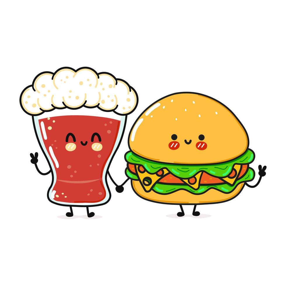 Smiling Burger and Beer glass holding hands, a delightful cartoon-style illustration. vector