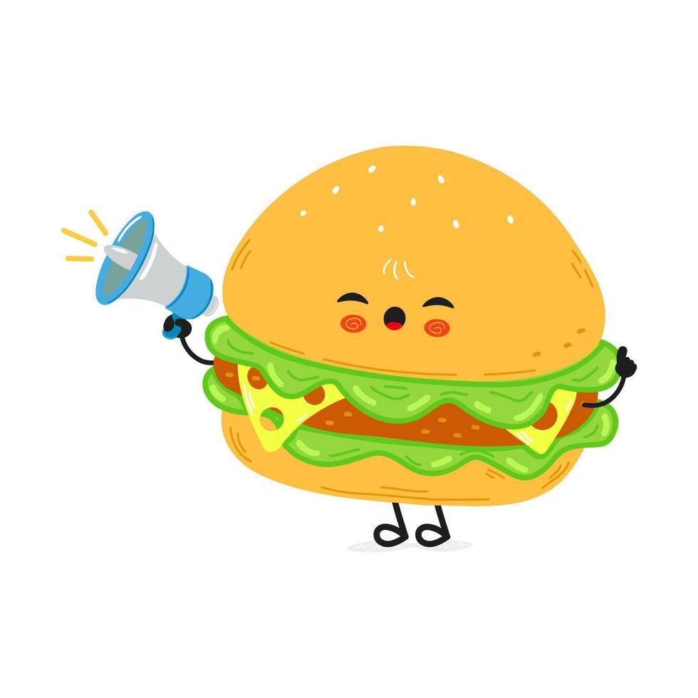 A cute cartoon Burger character happily shouts through a megaphone, announcing deliciousness to all. vector