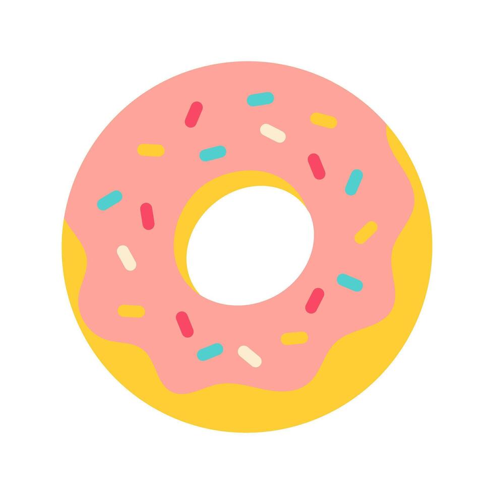 A cartoon donut with sprinkles on it. The donut is pink and yellow. The sprinkles are in various colors and are scattered all over the donut vector