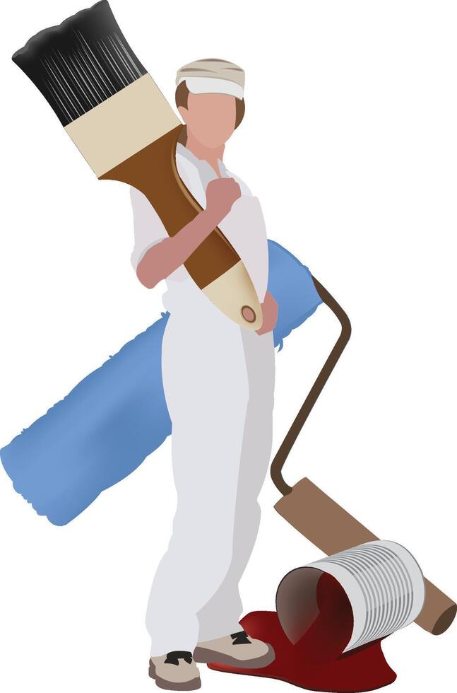 A man holding a paint roller and paint can vector
