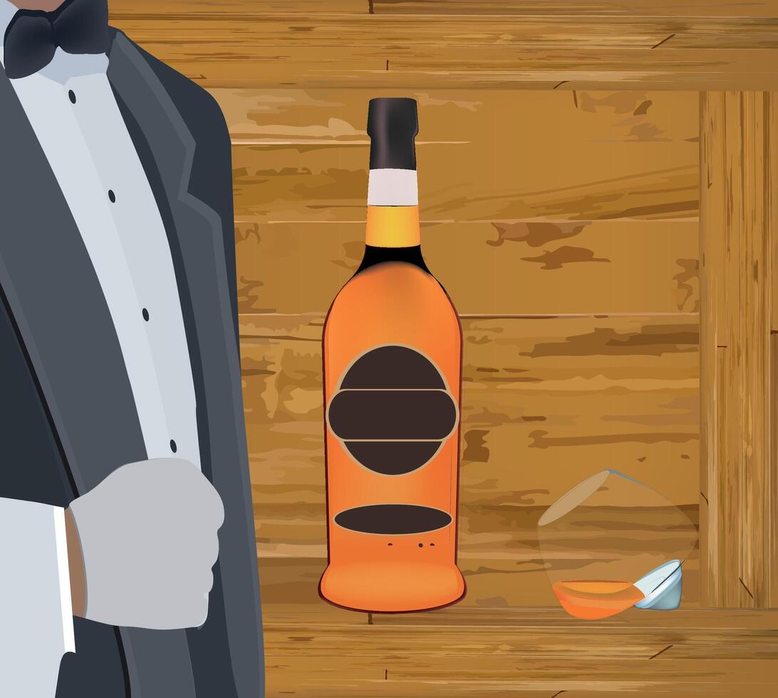 A man in a tuxedo holding a bottle of liquor vector