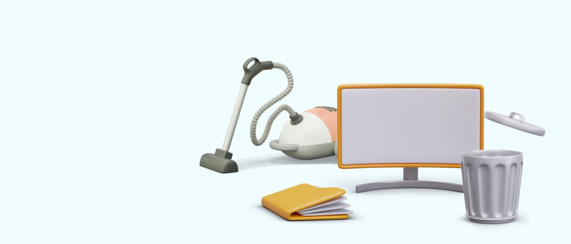 Concept of cleaning information from computer. Realistic vacuum cleaner, folder vector