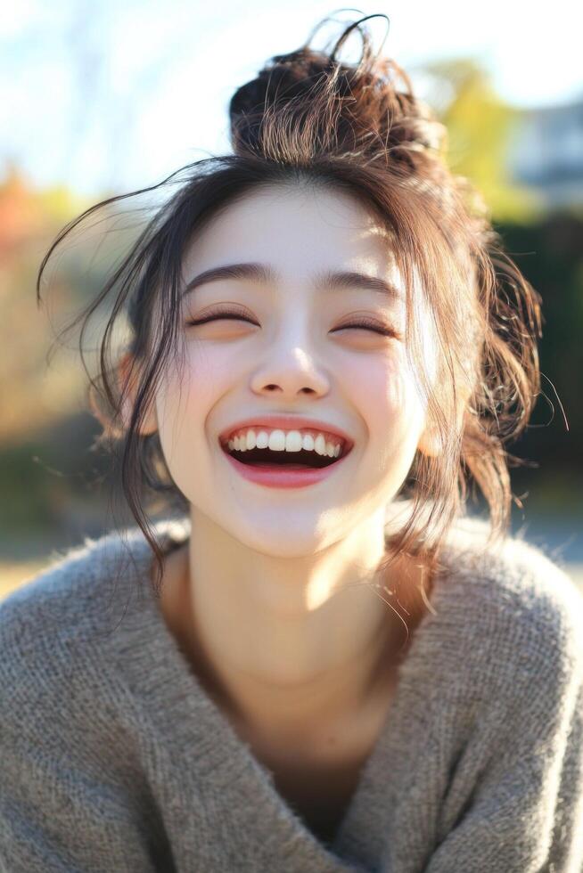 Bright and Joyful Young Woman with Natural Beauty Outdoors photo