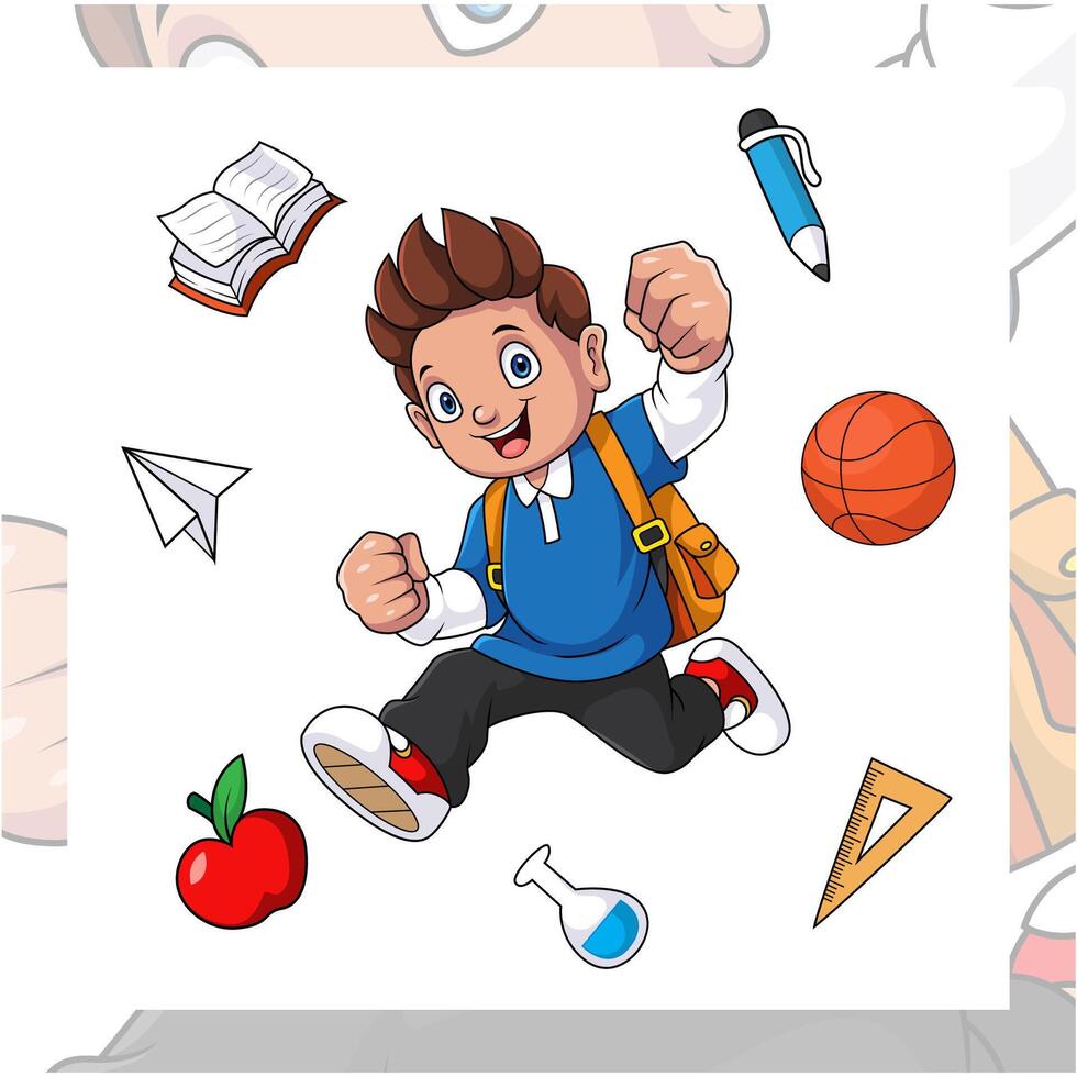 cartoon little boy excited to go to school with writing equipment vector