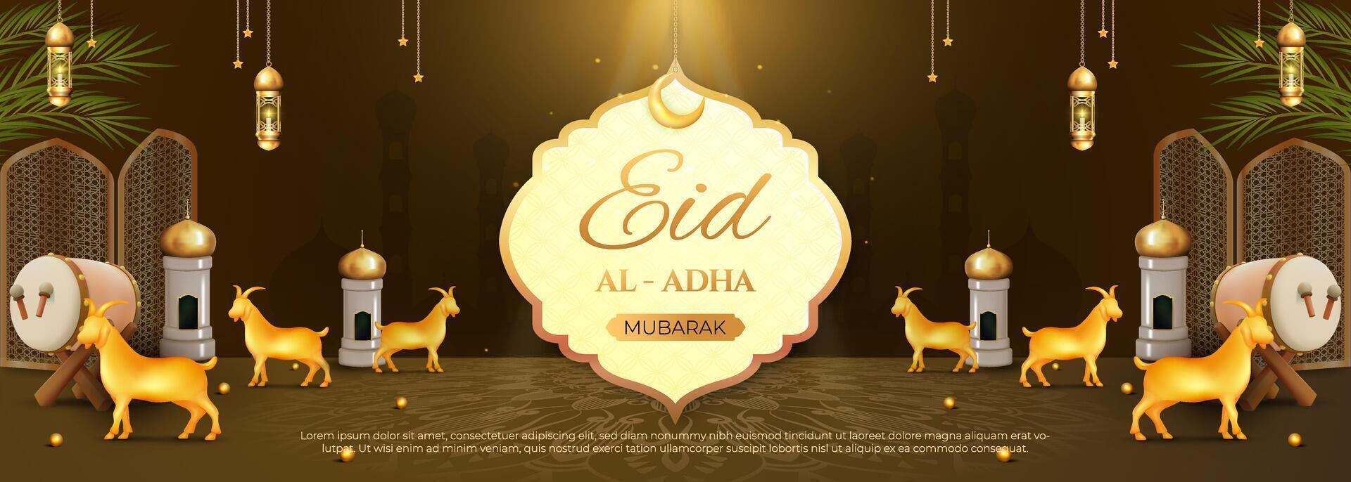 Eid Al Adha Celebration Theme with Gold Decorations and Islamic Elements vector