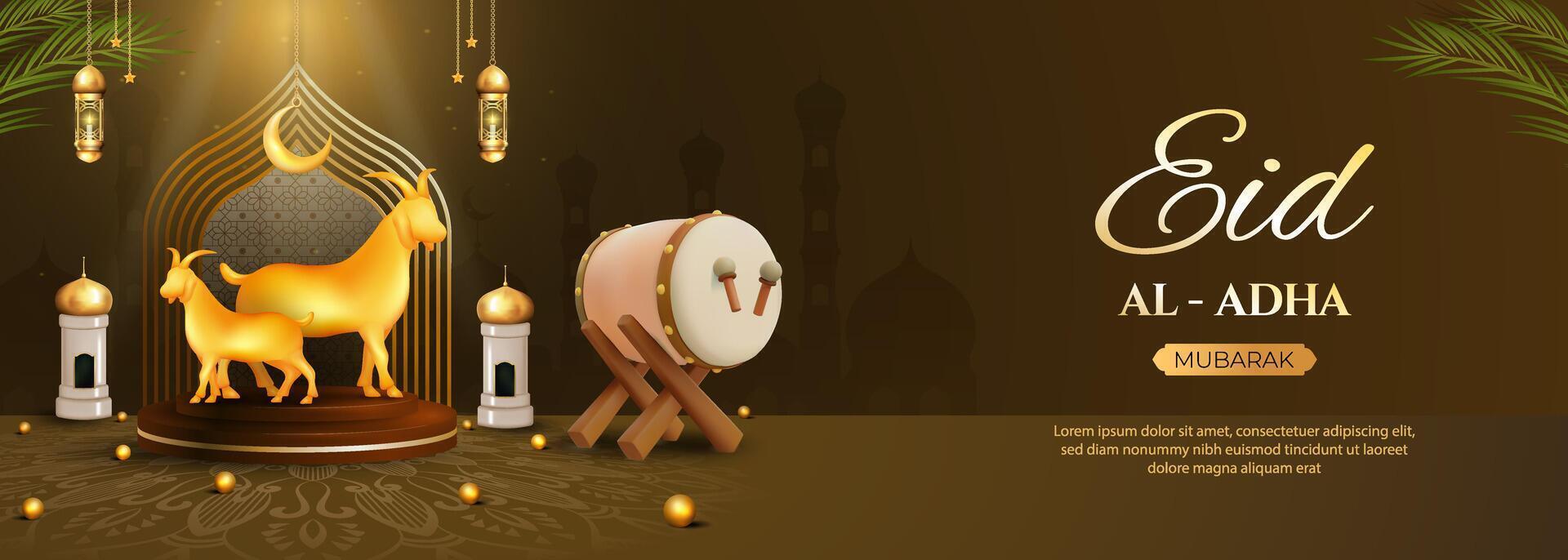 Eid Al Adha Celebration Background with Golden Moons, Mosque, and Festive Symbols vector