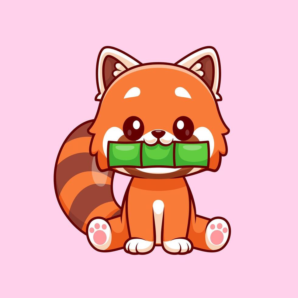 Cute Red Panda Bite Bamboo Cartoon vector