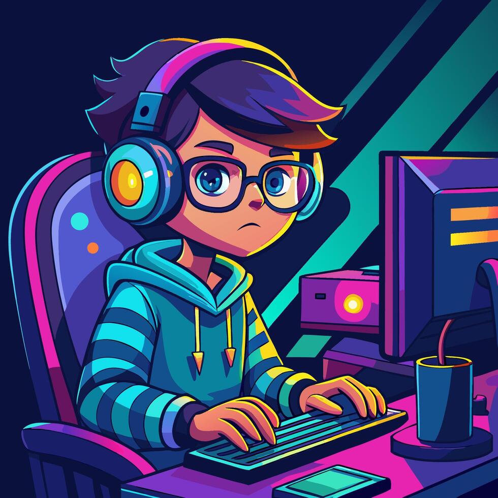 Young gamer sitting at a modern desk illustration vector
